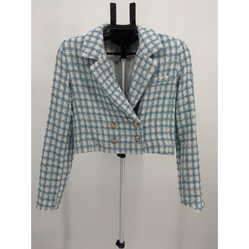 Jason Wu‎ Blue White Tweed Cropped Double Breasted Jacket Women's 6 Bouclé